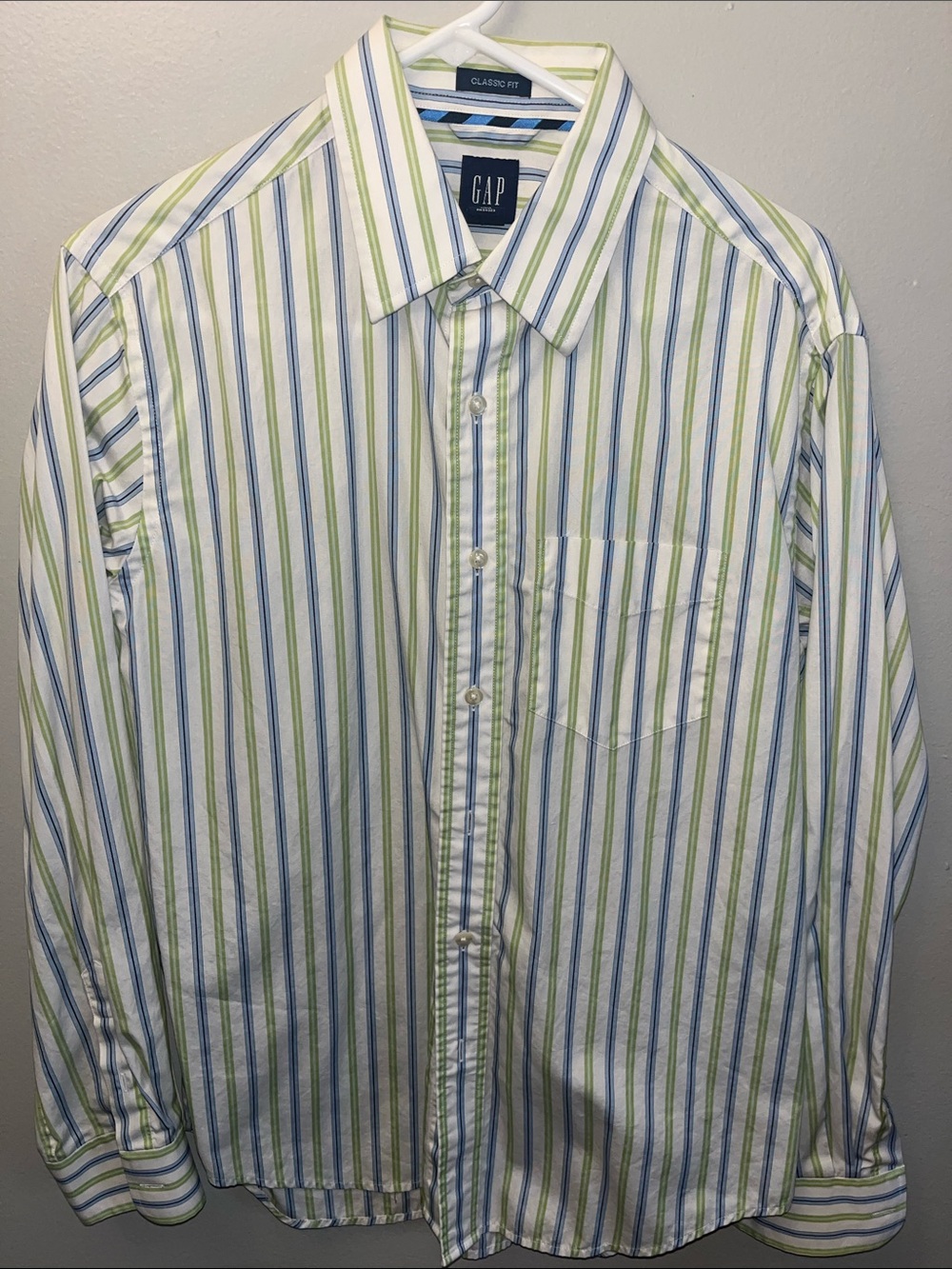 GAP White Button-Up Shirt with Blue and Green Stripes